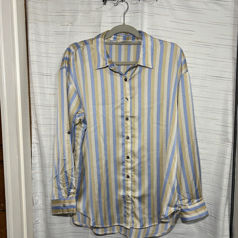 Entro Blue and Tan Striped Blouse